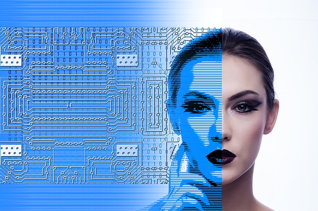 woman's face with a blueprint-like layer